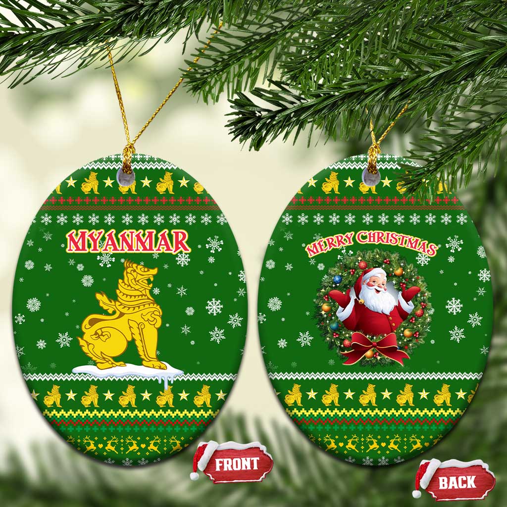 Myanmar Christmas Ceramic Ornament with Green-Gold Theme, Chinthe Lion, and Santa Motif - Wonder Print Shop