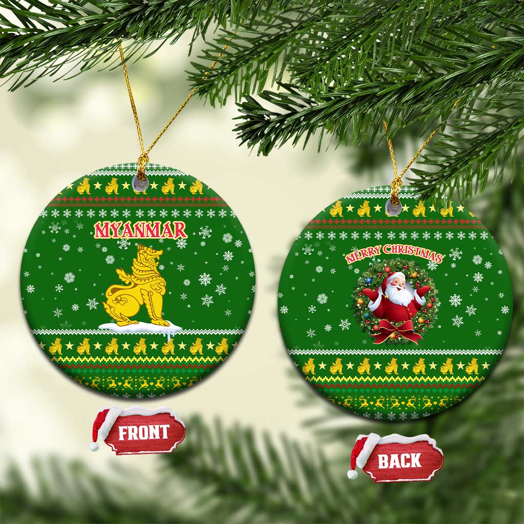Myanmar Christmas Ceramic Ornament with Green-Gold Theme, Chinthe Lion, and Santa Motif - Wonder Print Shop