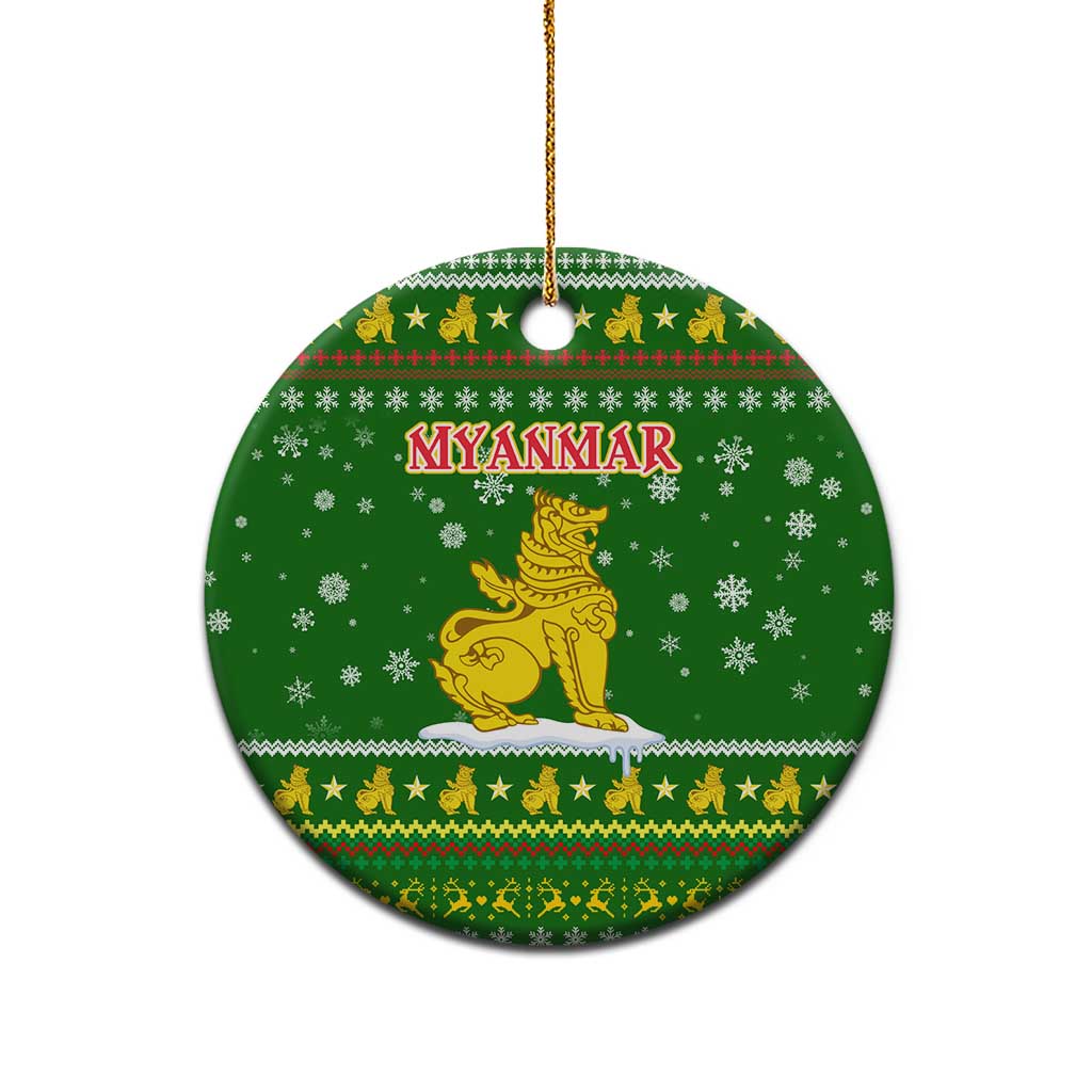 Myanmar Christmas Ceramic Ornament with Green-Gold Theme, Chinthe Lion, and Santa Motif - Wonder Print Shop