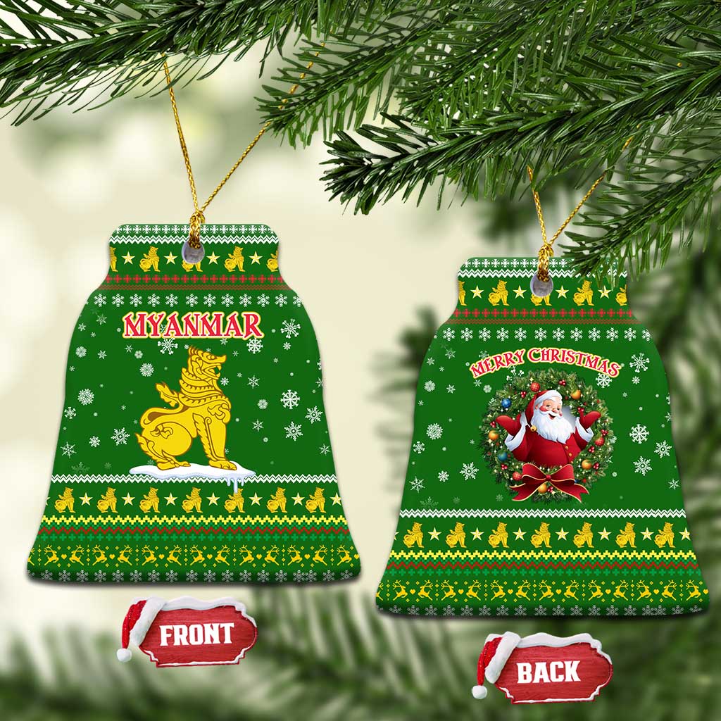 Myanmar Christmas Ceramic Ornament with Green-Gold Theme, Chinthe Lion, and Santa Motif - Wonder Print Shop