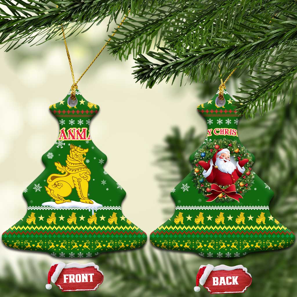 Myanmar Christmas Ceramic Ornament with Green-Gold Theme, Chinthe Lion, and Santa Motif - Wonder Print Shop