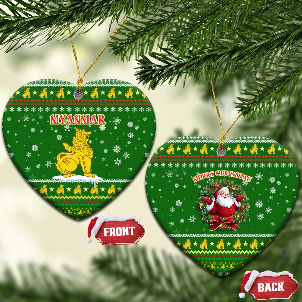 Myanmar Christmas Ceramic Ornament with Green-Gold Theme, Chinthe Lion, and Santa Motif - Wonder Print Shop