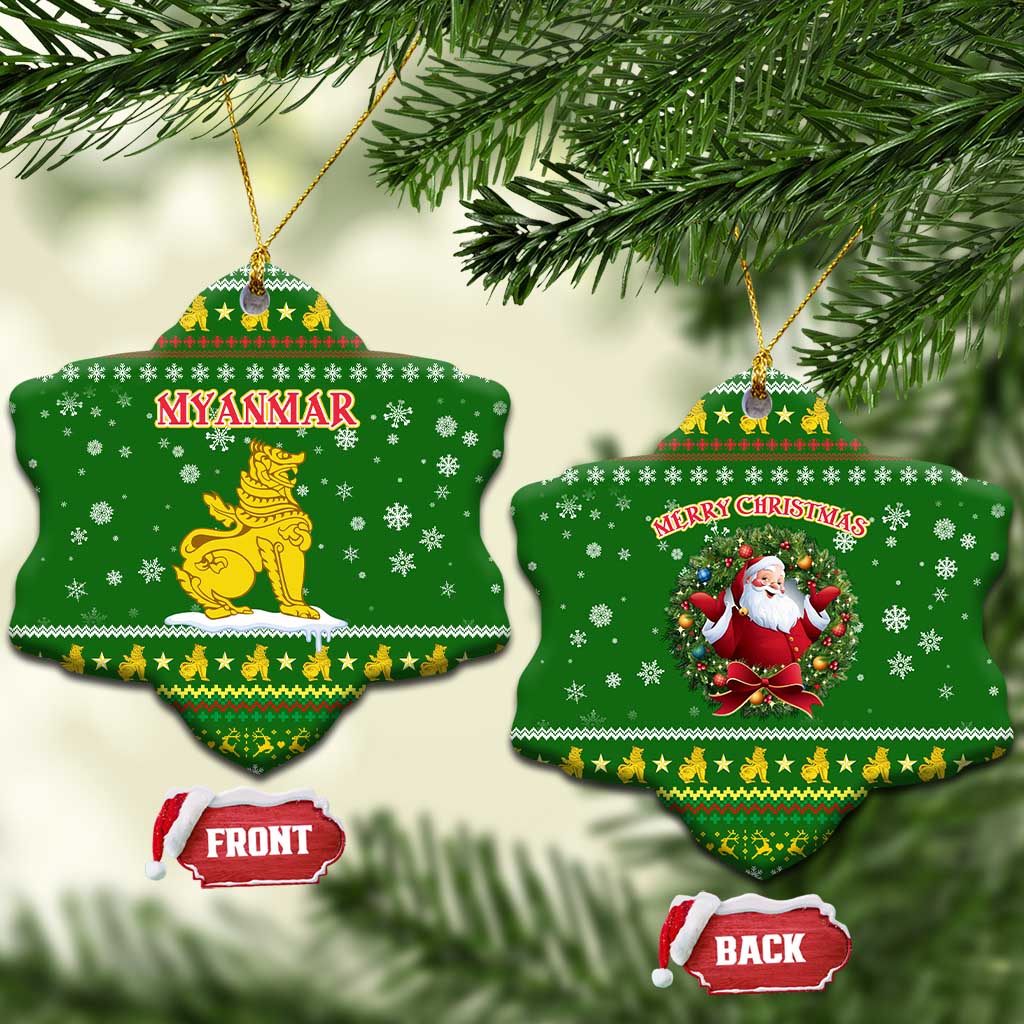 Myanmar Christmas Ceramic Ornament with Green-Gold Theme, Chinthe Lion, and Santa Motif - Wonder Print Shop