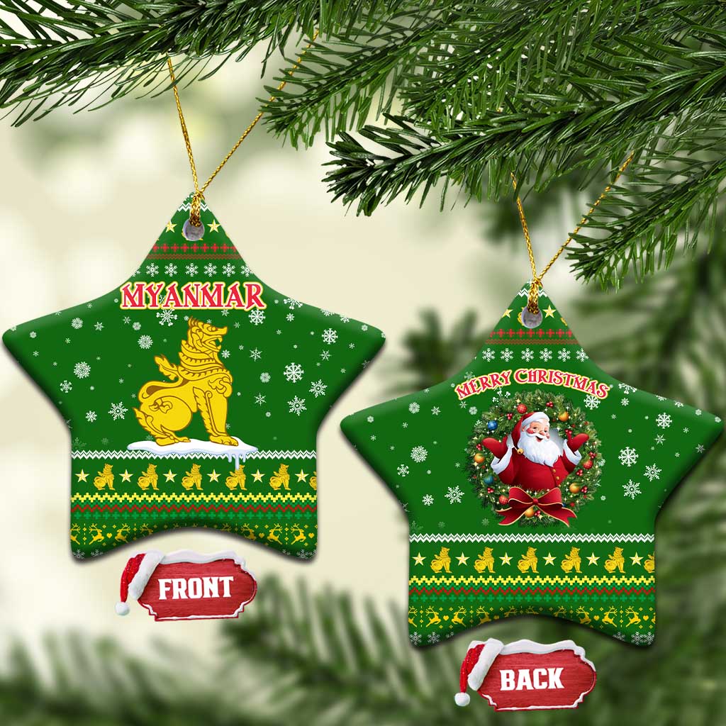 Myanmar Christmas Ceramic Ornament with Green-Gold Theme, Chinthe Lion, and Santa Motif - Wonder Print Shop