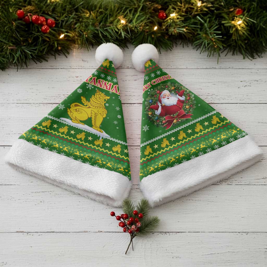 Myanmar Christmas Santa Hat with Green-Gold Theme, Chinthe Lion, and Santa Motif - Wonder Print Shop