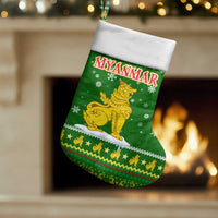 Myanmar Christmas Stocking with Green-Gold Theme, Chinthe Lion, and Santa Motif - Wonder Print Shop