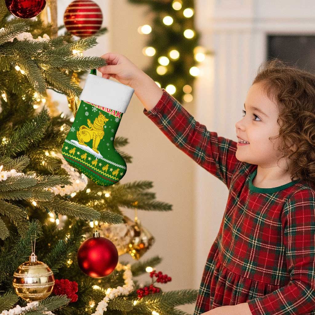 Myanmar Christmas Stocking with Green-Gold Theme, Chinthe Lion, and Santa Motif - Wonder Print Shop