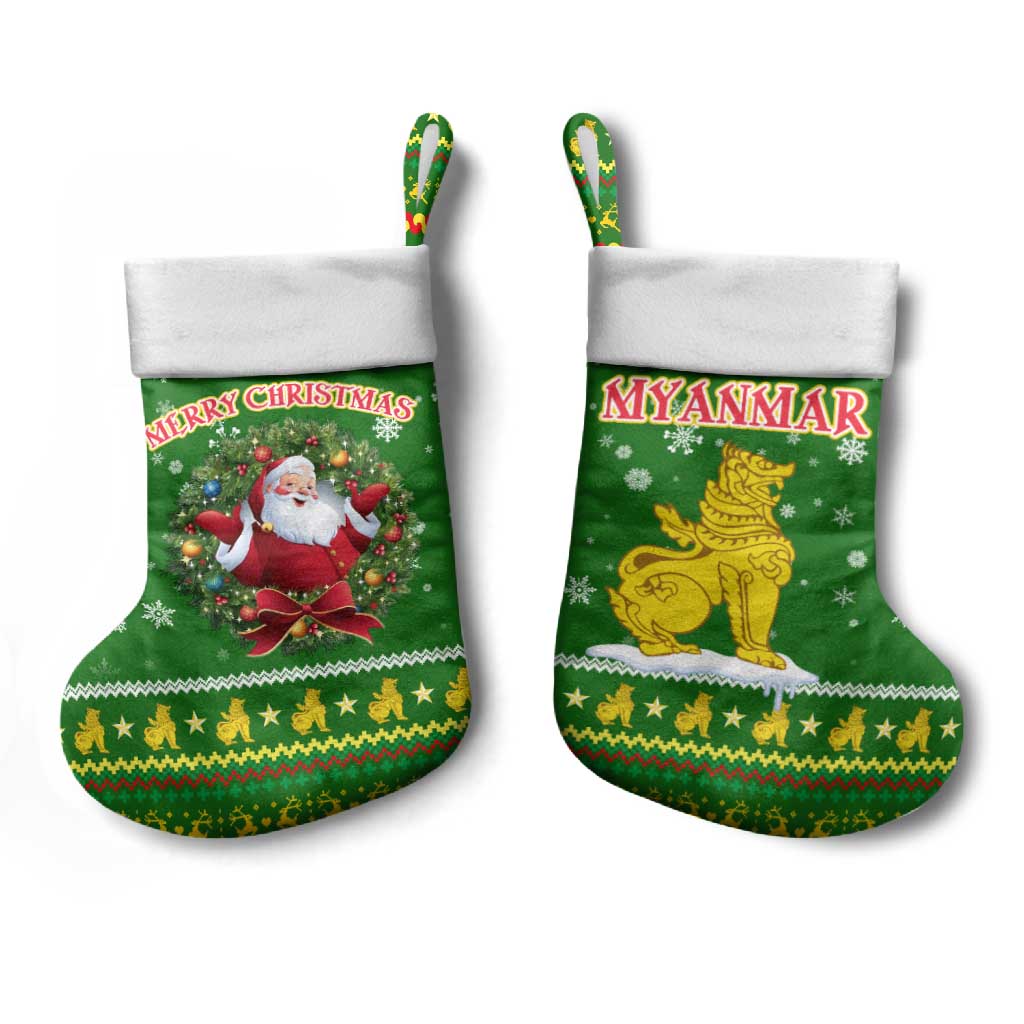 Myanmar Christmas Stocking with Green-Gold Theme, Chinthe Lion, and Santa Motif - Wonder Print Shop