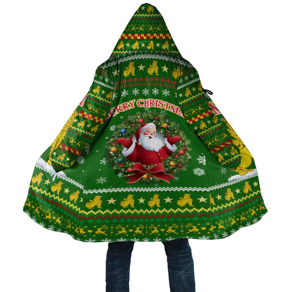 Myanmar Christmas Cloak with Green-Gold Theme, Chinthe Lion, and Santa Motif - Wonder Print Shop