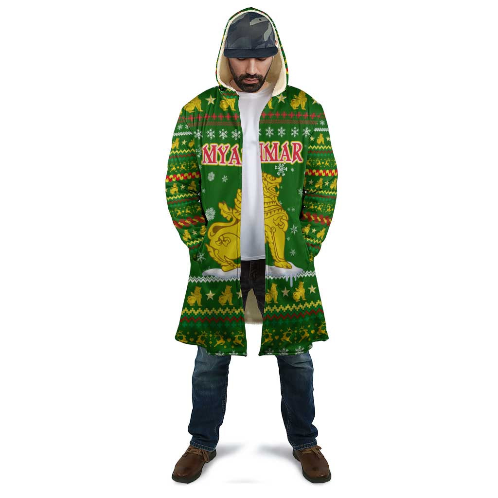 Myanmar Christmas Cloak with Green-Gold Theme, Chinthe Lion, and Santa Motif - Wonder Print Shop