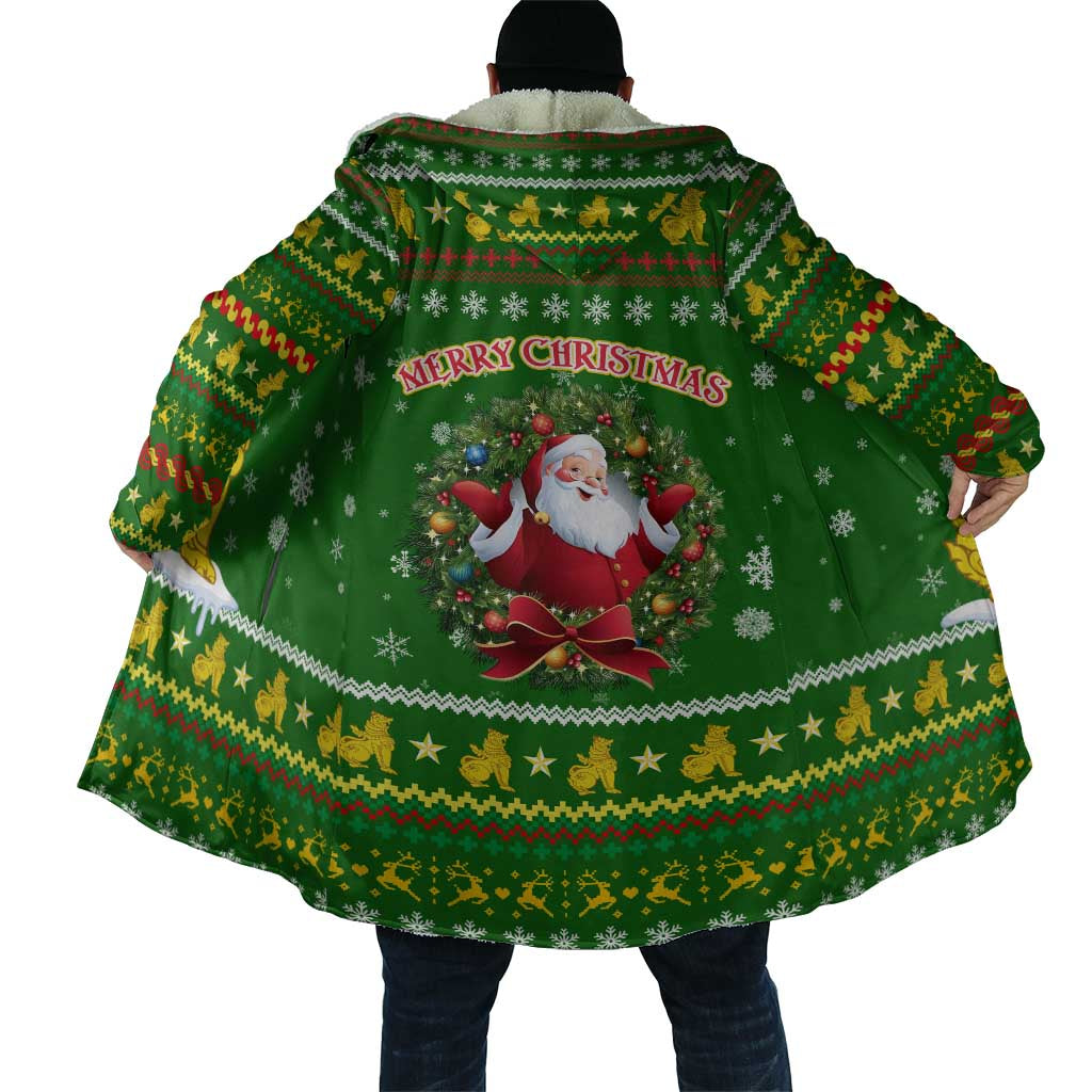 Myanmar Christmas Cloak with Green-Gold Theme, Chinthe Lion, and Santa Motif - Wonder Print Shop