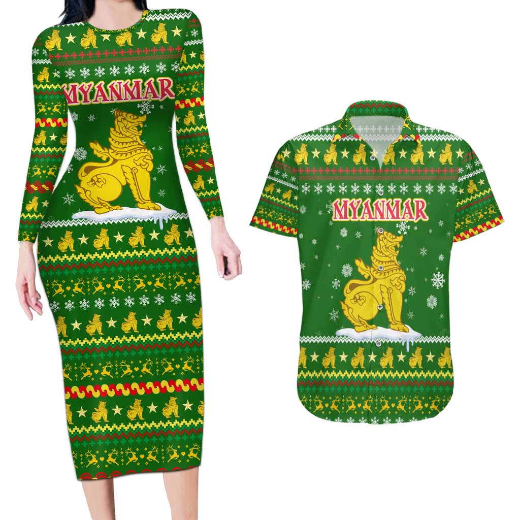 Myanmar Christmas Couples Matching Long Sleeve Bodycon Dress and Hawaiian Shirt with Green-Gold Theme, Chinthe Lion, and Santa Motif - Wonder Print Shop