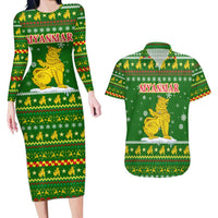 Myanmar Christmas Couples Matching Long Sleeve Bodycon Dress and Hawaiian Shirt with Green-Gold Theme, Chinthe Lion, and Santa Motif - Wonder Print Shop