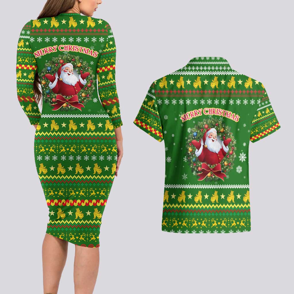Myanmar Christmas Couples Matching Long Sleeve Bodycon Dress and Hawaiian Shirt with Green-Gold Theme, Chinthe Lion, and Santa Motif - Wonder Print Shop