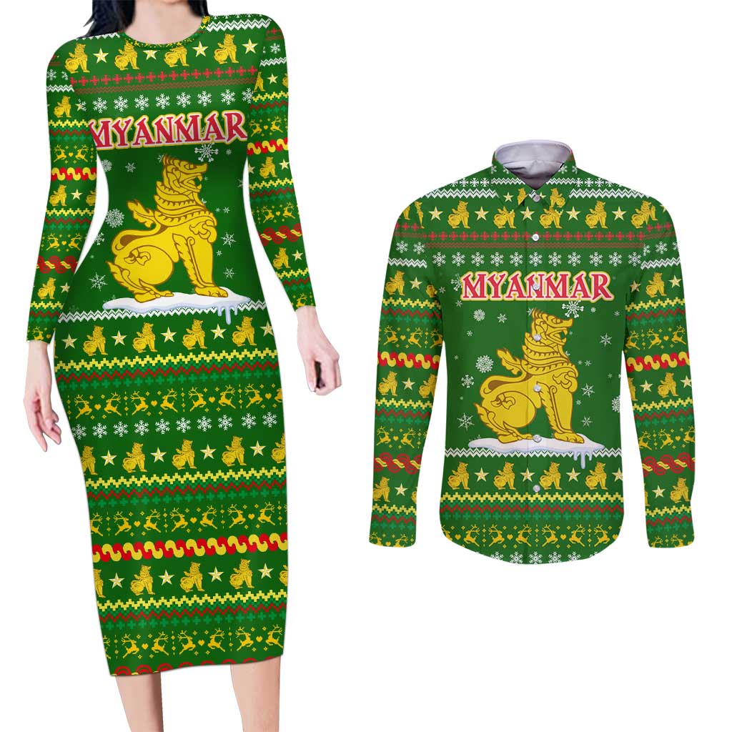 Myanmar Christmas Couples Matching Long Sleeve Bodycon Dress and Long Sleeve Button Shirt with Green-Gold Theme, Chinthe Lion, and Santa Motif - Wonder Print Shop