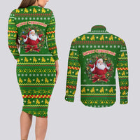 Myanmar Christmas Couples Matching Long Sleeve Bodycon Dress and Long Sleeve Button Shirt with Green-Gold Theme, Chinthe Lion, and Santa Motif - Wonder Print Shop