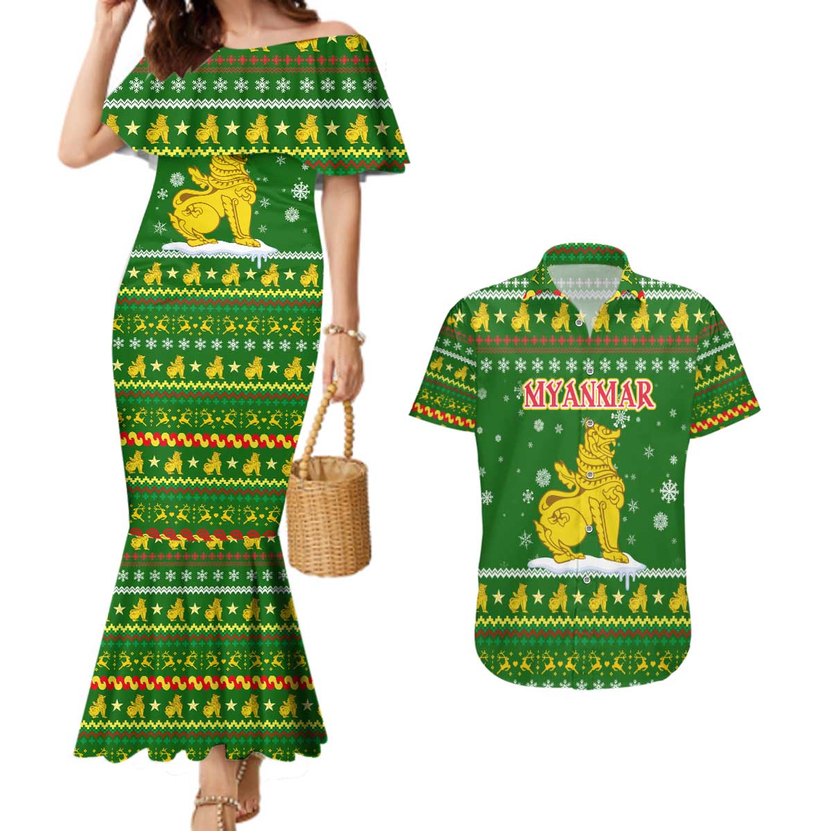 Myanmar Christmas Couples Matching Mermaid Dress and Hawaiian Shirt with Green-Gold Theme, Chinthe Lion, and Santa Motif - Wonder Print Shop