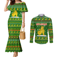 Myanmar Christmas Couples Matching Mermaid Dress and Long Sleeve Button Shirt with Green-Gold Theme, Chinthe Lion, and Santa Motif - Wonder Print Shop