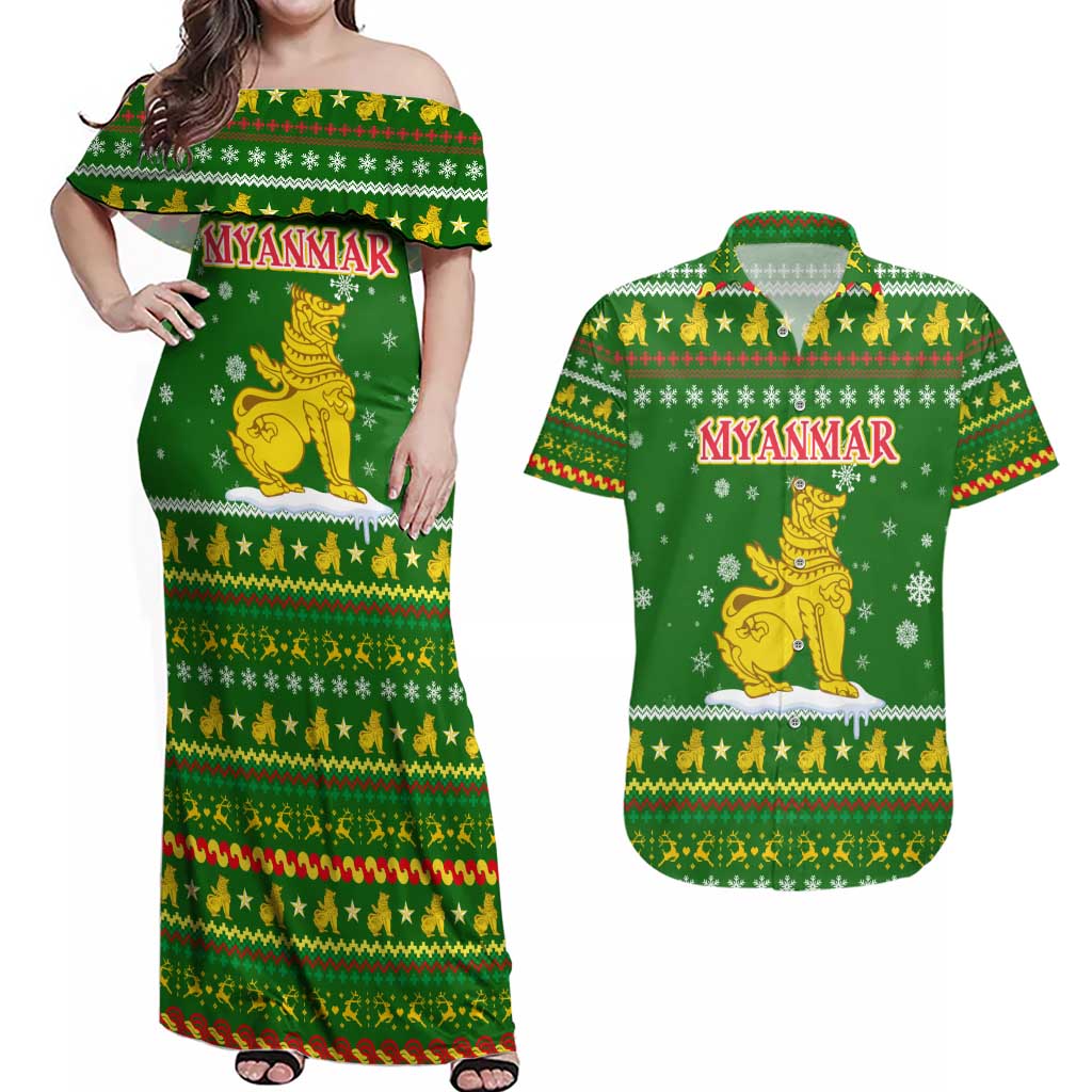 Myanmar Christmas Couples Matching Off Shoulder Maxi Dress and Hawaiian Shirt with Green-Gold Theme, Chinthe Lion, and Santa Motif - Wonder Print Shop