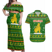 Myanmar Christmas Couples Matching Off Shoulder Maxi Dress and Hawaiian Shirt with Green-Gold Theme, Chinthe Lion, and Santa Motif - Wonder Print Shop