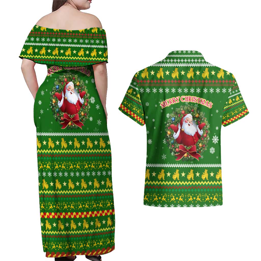 Myanmar Christmas Couples Matching Off Shoulder Maxi Dress and Hawaiian Shirt with Green-Gold Theme, Chinthe Lion, and Santa Motif - Wonder Print Shop