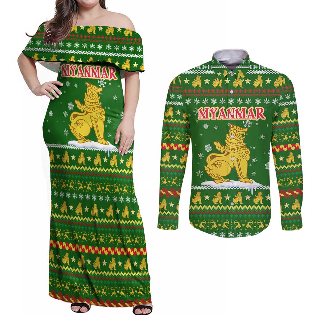 Myanmar Christmas Couples Matching Off Shoulder Maxi Dress and Long Sleeve Button Shirt with Green-Gold Theme, Chinthe Lion, and Santa Motif - Wonder Print Shop