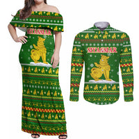 Myanmar Christmas Couples Matching Off Shoulder Maxi Dress and Long Sleeve Button Shirt with Green-Gold Theme, Chinthe Lion, and Santa Motif - Wonder Print Shop