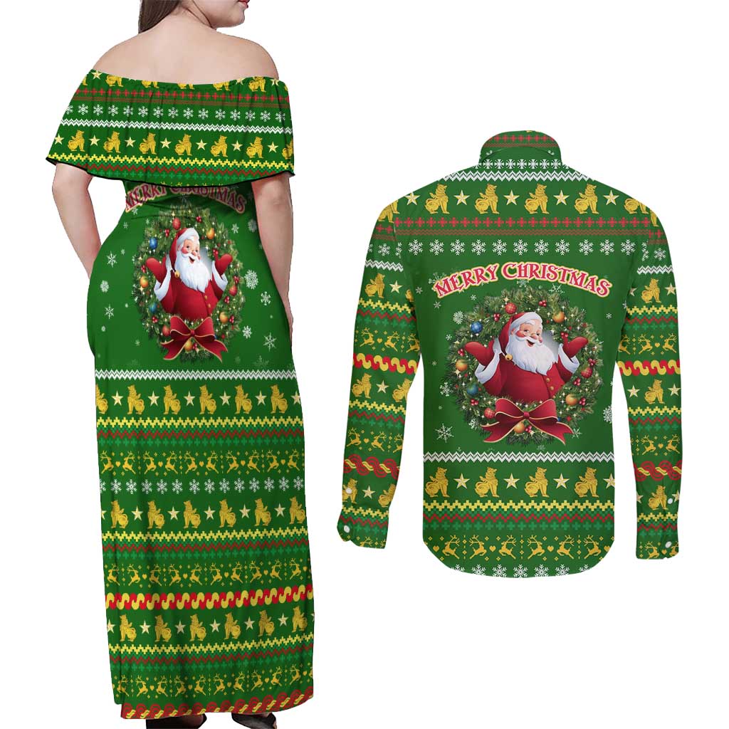 Myanmar Christmas Couples Matching Off Shoulder Maxi Dress and Long Sleeve Button Shirt with Green-Gold Theme, Chinthe Lion, and Santa Motif - Wonder Print Shop