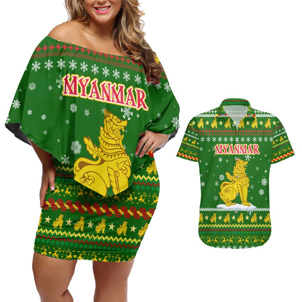 Myanmar Christmas Couples Matching Off Shoulder Short Dress and Hawaiian Shirt with Green-Gold Theme, Chinthe Lion, and Santa Motif - Wonder Print Shop