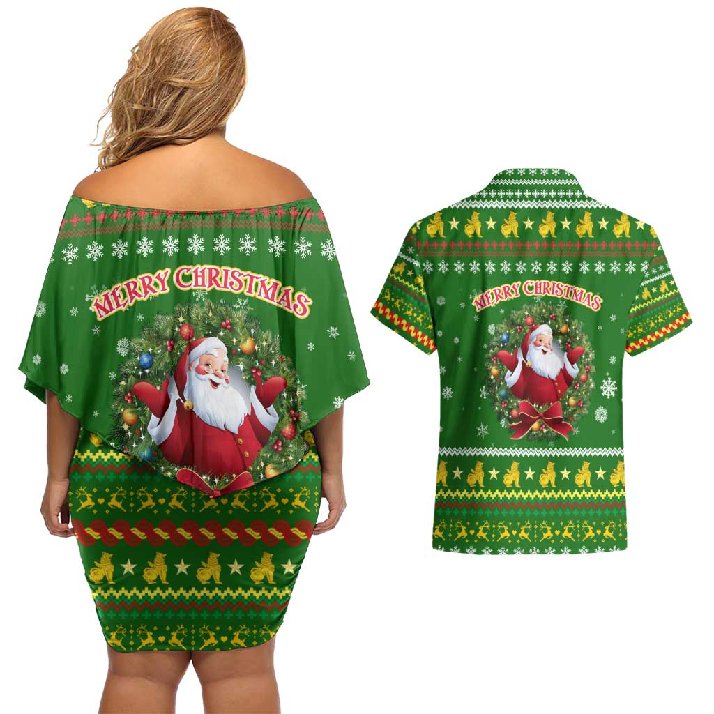 Myanmar Christmas Couples Matching Off Shoulder Short Dress and Hawaiian Shirt with Green-Gold Theme, Chinthe Lion, and Santa Motif - Wonder Print Shop
