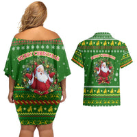 Myanmar Christmas Couples Matching Off Shoulder Short Dress and Hawaiian Shirt with Green-Gold Theme, Chinthe Lion, and Santa Motif - Wonder Print Shop