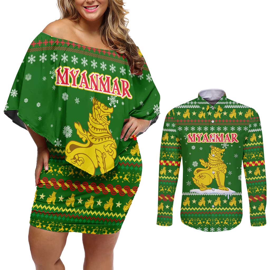 Myanmar Christmas Couples Matching Off Shoulder Short Dress and Long Sleeve Button Shirt with Green-Gold Theme, Chinthe Lion, and Santa Motif - Wonder Print Shop