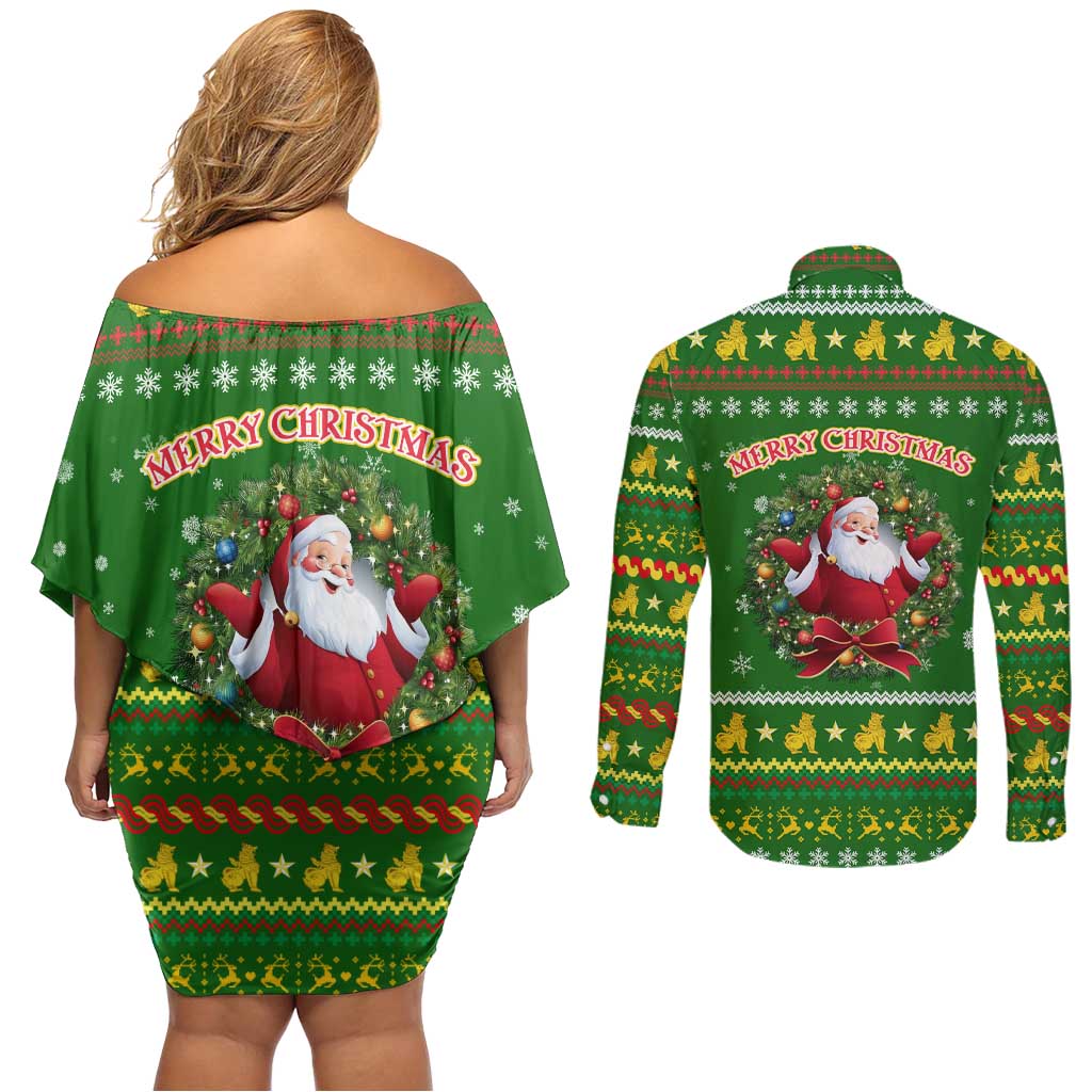 Myanmar Christmas Couples Matching Off Shoulder Short Dress and Long Sleeve Button Shirt with Green-Gold Theme, Chinthe Lion, and Santa Motif - Wonder Print Shop
