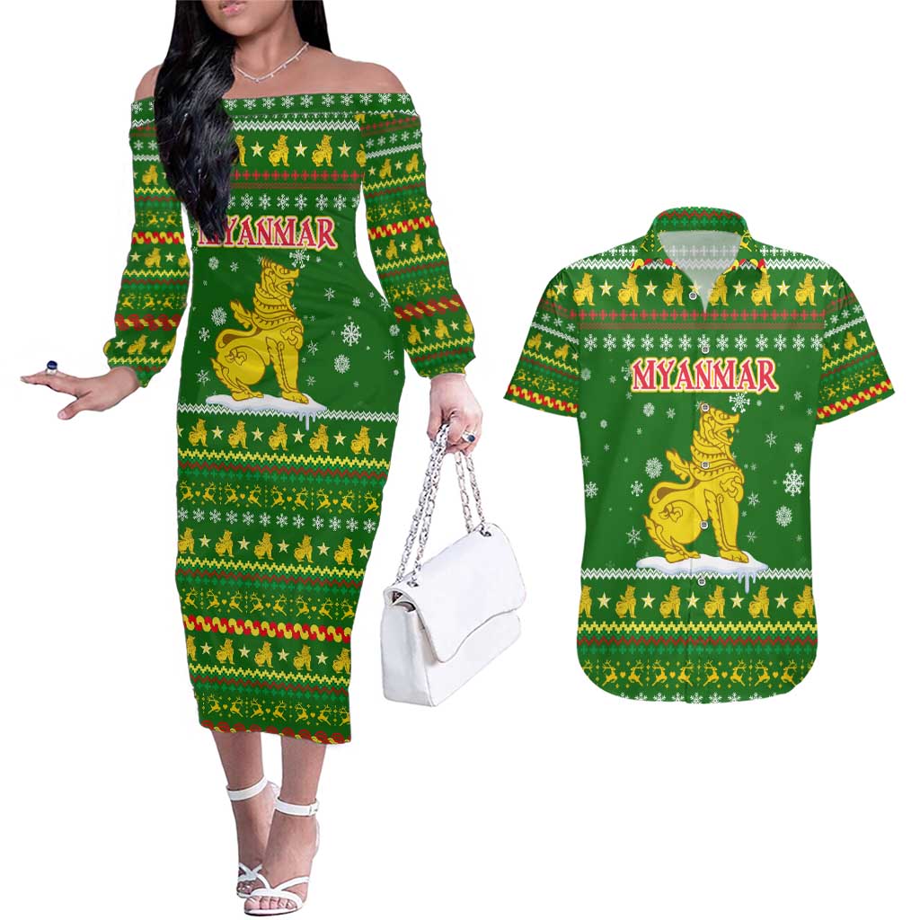 Myanmar Christmas Couples Matching Off The Shoulder Long Sleeve Dress and Hawaiian Shirt with Green-Gold Theme, Chinthe Lion, and Santa Motif - Wonder Print Shop