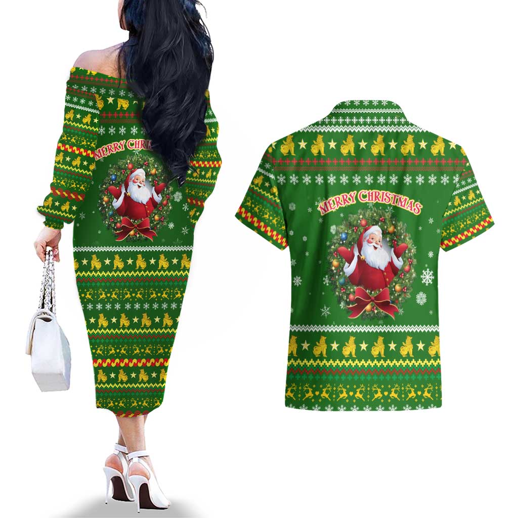Myanmar Christmas Couples Matching Off The Shoulder Long Sleeve Dress and Hawaiian Shirt with Green-Gold Theme, Chinthe Lion, and Santa Motif - Wonder Print Shop