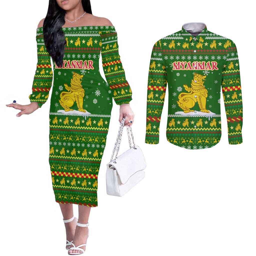 Myanmar Christmas Couples Matching Off The Shoulder Long Sleeve Dress and Long Sleeve Button Shirt with Green-Gold Theme, Chinthe Lion, and Santa Motif - Wonder Print Shop
