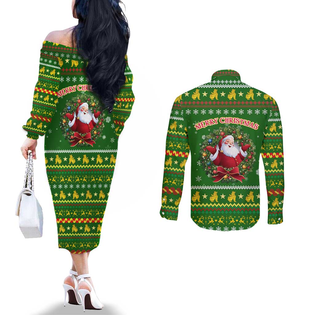 Myanmar Christmas Couples Matching Off The Shoulder Long Sleeve Dress and Long Sleeve Button Shirt with Green-Gold Theme, Chinthe Lion, and Santa Motif - Wonder Print Shop