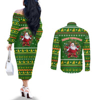 Myanmar Christmas Couples Matching Off The Shoulder Long Sleeve Dress and Long Sleeve Button Shirt with Green-Gold Theme, Chinthe Lion, and Santa Motif - Wonder Print Shop