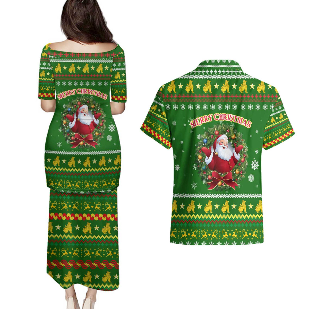 Myanmar Christmas Couples Matching Puletasi and Hawaiian Shirt with Green-Gold Theme, Chinthe Lion, and Santa Motif - Wonder Print Shop