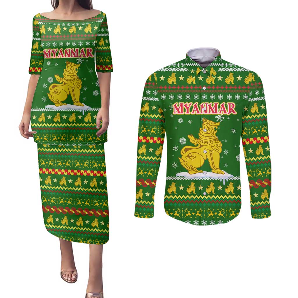 Myanmar Christmas Couples Matching Puletasi and Long Sleeve Button Shirt with Green-Gold Theme, Chinthe Lion, and Santa Motif - Wonder Print Shop