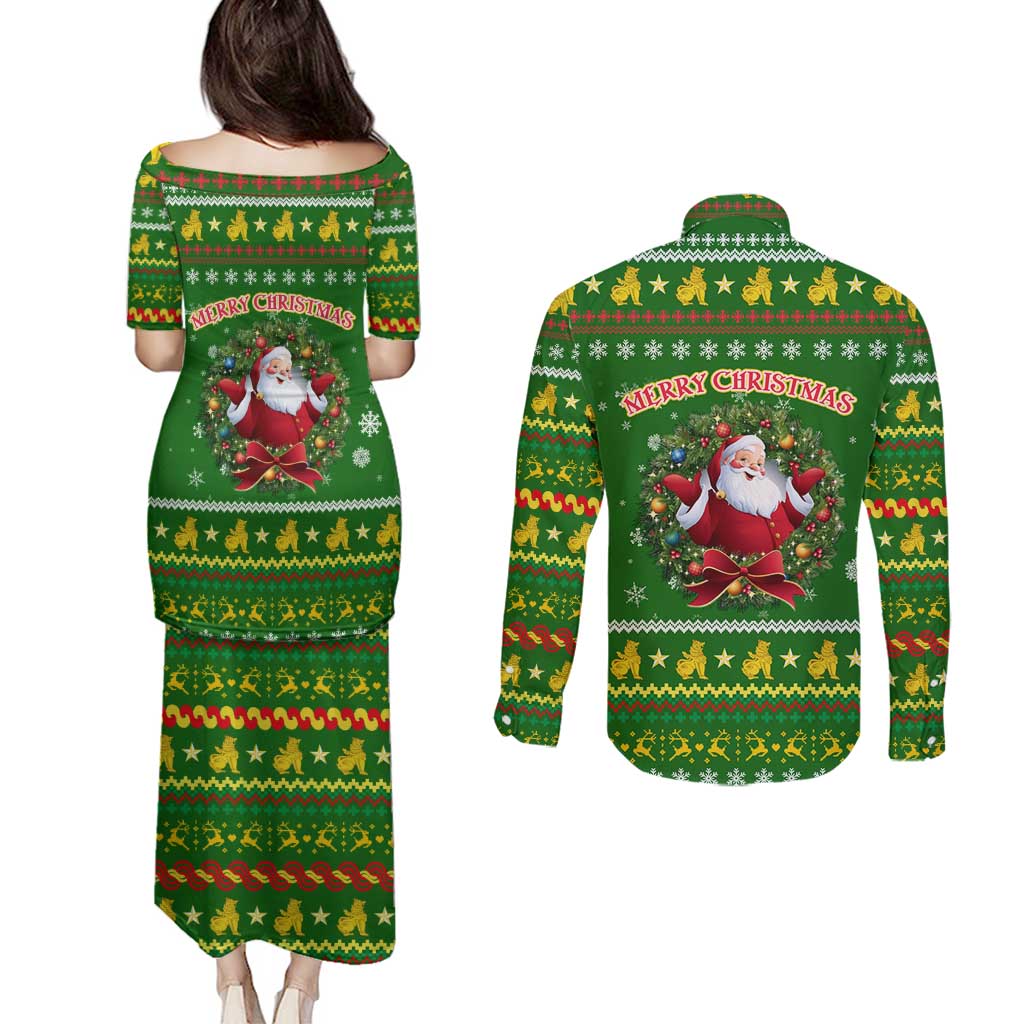 Myanmar Christmas Couples Matching Puletasi and Long Sleeve Button Shirt with Green-Gold Theme, Chinthe Lion, and Santa Motif - Wonder Print Shop