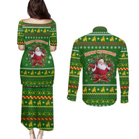 Myanmar Christmas Couples Matching Puletasi and Long Sleeve Button Shirt with Green-Gold Theme, Chinthe Lion, and Santa Motif - Wonder Print Shop