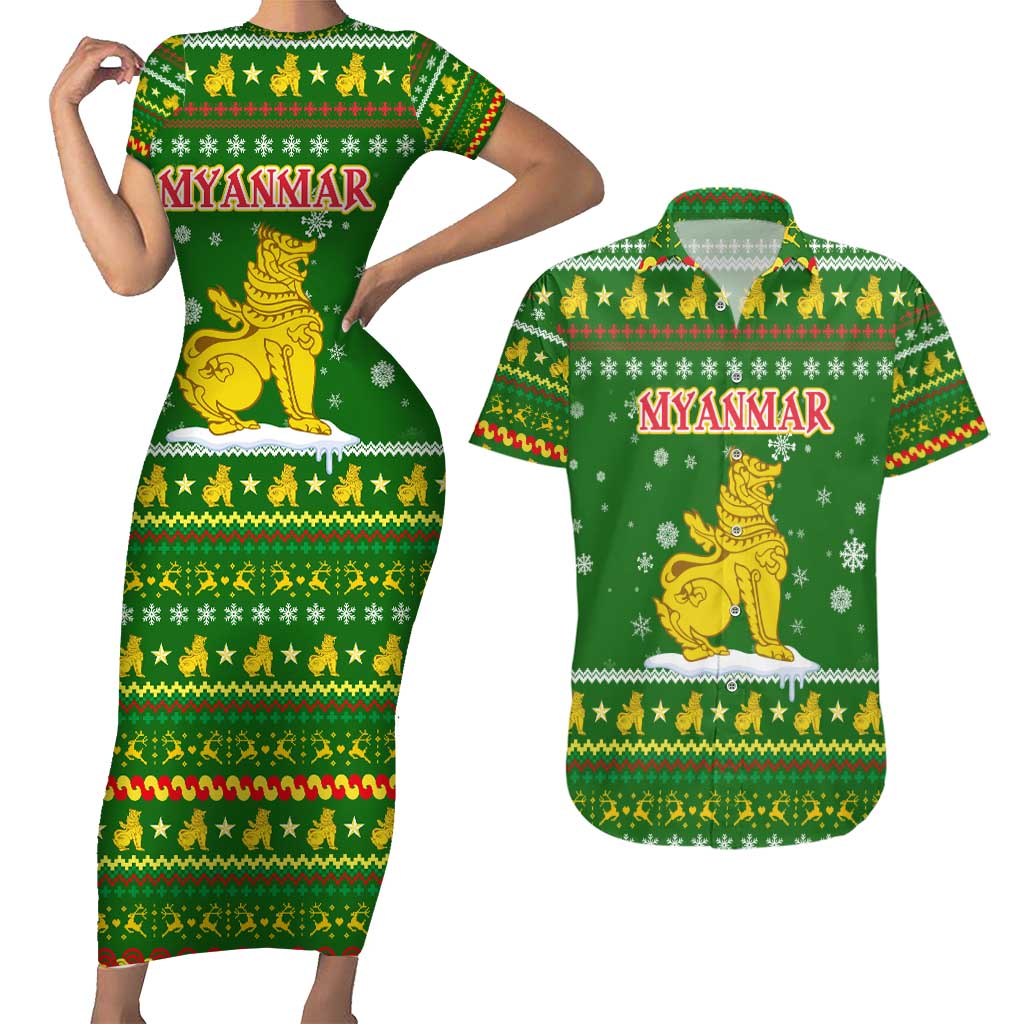 Myanmar Christmas Couples Matching Short Sleeve Bodycon Dress and Hawaiian Shirt with Green-Gold Theme, Chinthe Lion, and Santa Motif - Wonder Print Shop