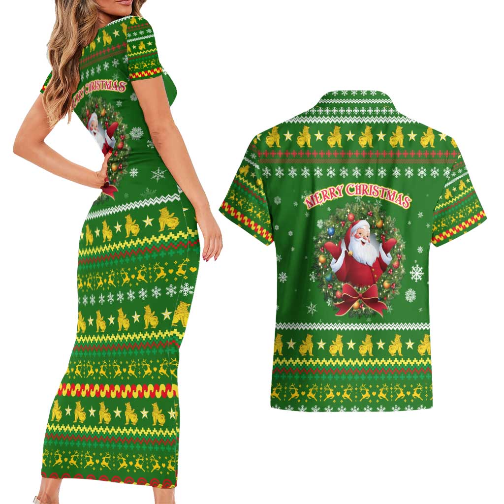 Myanmar Christmas Couples Matching Short Sleeve Bodycon Dress and Hawaiian Shirt with Green-Gold Theme, Chinthe Lion, and Santa Motif - Wonder Print Shop