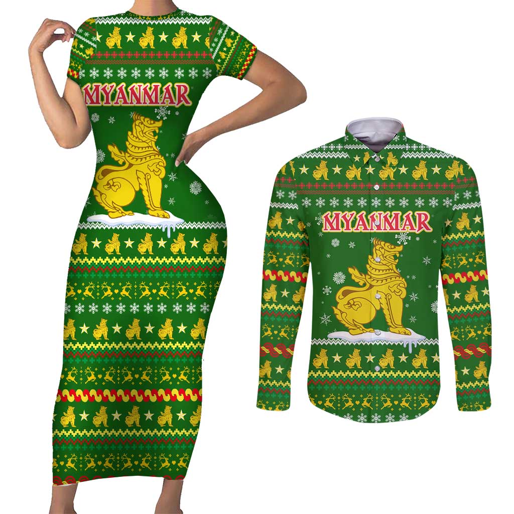Myanmar Christmas Couples Matching Short Sleeve Bodycon Dress and Long Sleeve Button Shirt with Green-Gold Theme, Chinthe Lion, and Santa Motif - Wonder Print Shop