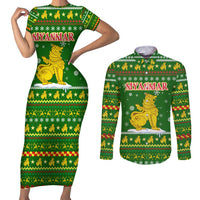 Myanmar Christmas Couples Matching Short Sleeve Bodycon Dress and Long Sleeve Button Shirt with Green-Gold Theme, Chinthe Lion, and Santa Motif - Wonder Print Shop