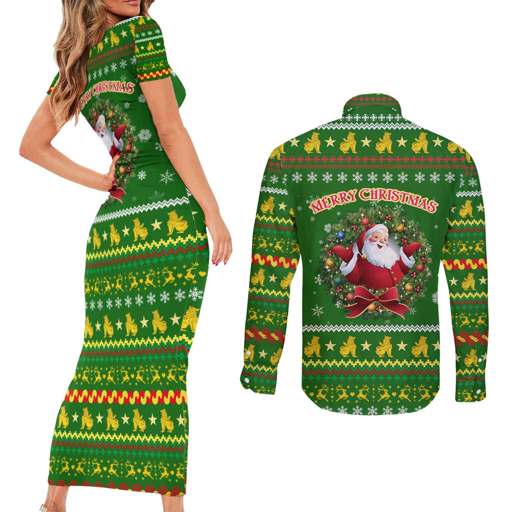 Myanmar Christmas Couples Matching Short Sleeve Bodycon Dress and Long Sleeve Button Shirt with Green-Gold Theme, Chinthe Lion, and Santa Motif - Wonder Print Shop