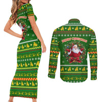 Myanmar Christmas Couples Matching Short Sleeve Bodycon Dress and Long Sleeve Button Shirt with Green-Gold Theme, Chinthe Lion, and Santa Motif - Wonder Print Shop