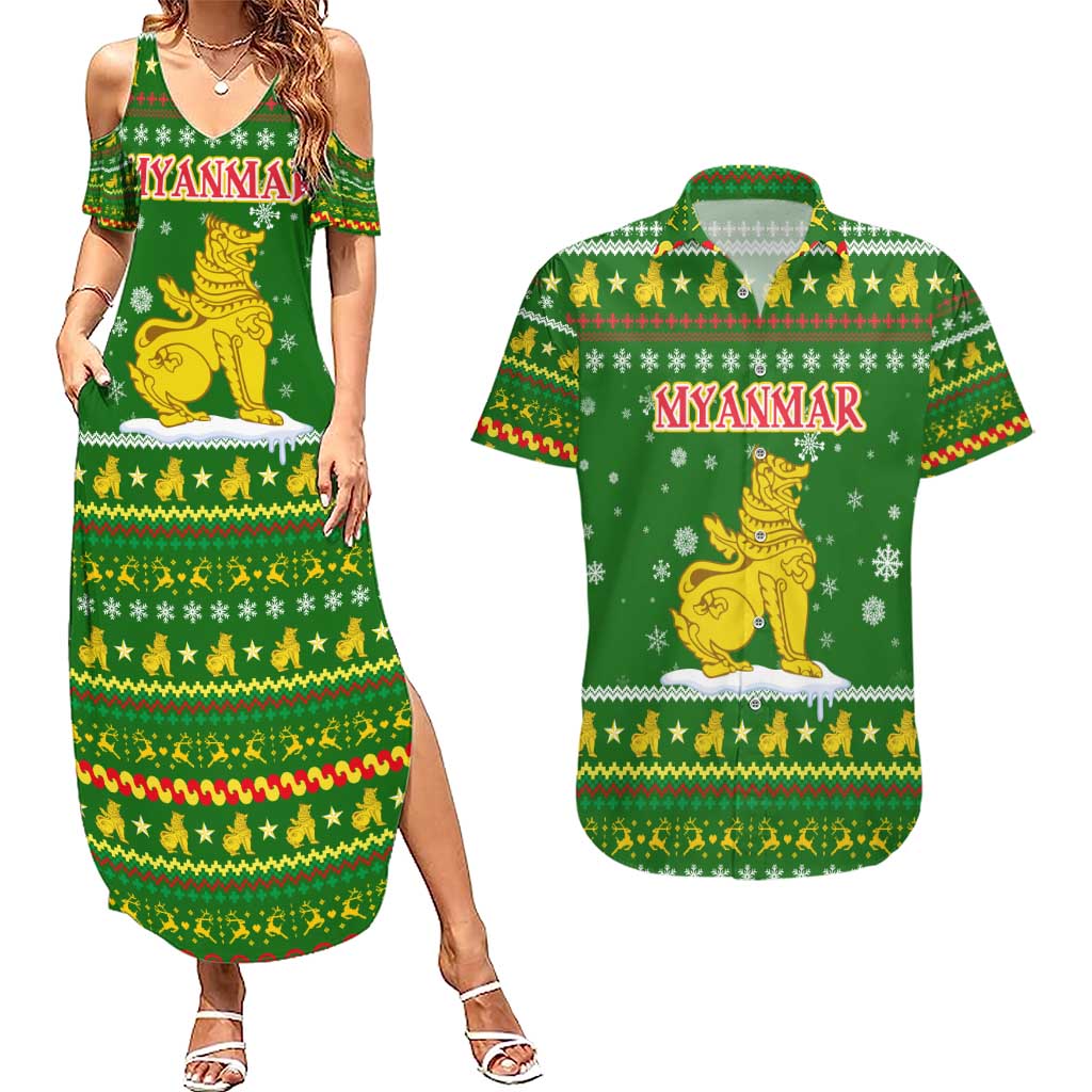 Myanmar Christmas Couples Matching Summer Maxi Dress and Hawaiian Shirt with Green-Gold Theme, Chinthe Lion, and Santa Motif - Wonder Print Shop
