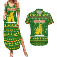 Myanmar Christmas Couples Matching Summer Maxi Dress and Hawaiian Shirt with Green-Gold Theme, Chinthe Lion, and Santa Motif - Wonder Print Shop